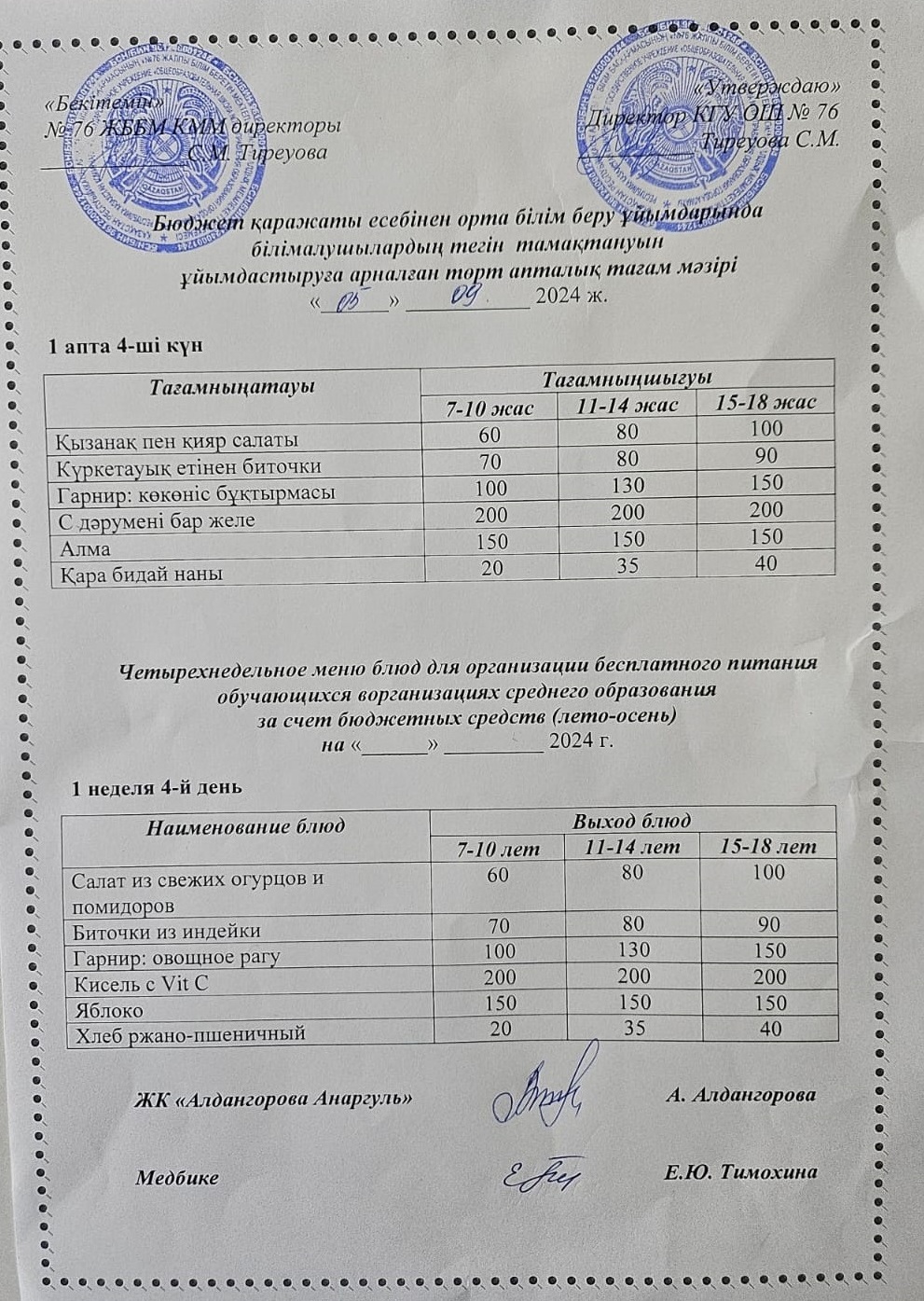 1-4 сынып, 5-11 сынып ХӘОТ мәзірі. Жаз-күз 2024 жыл. / Меню 1-4 кл, 5-11 кл СУСН. Лето-осень 2024.