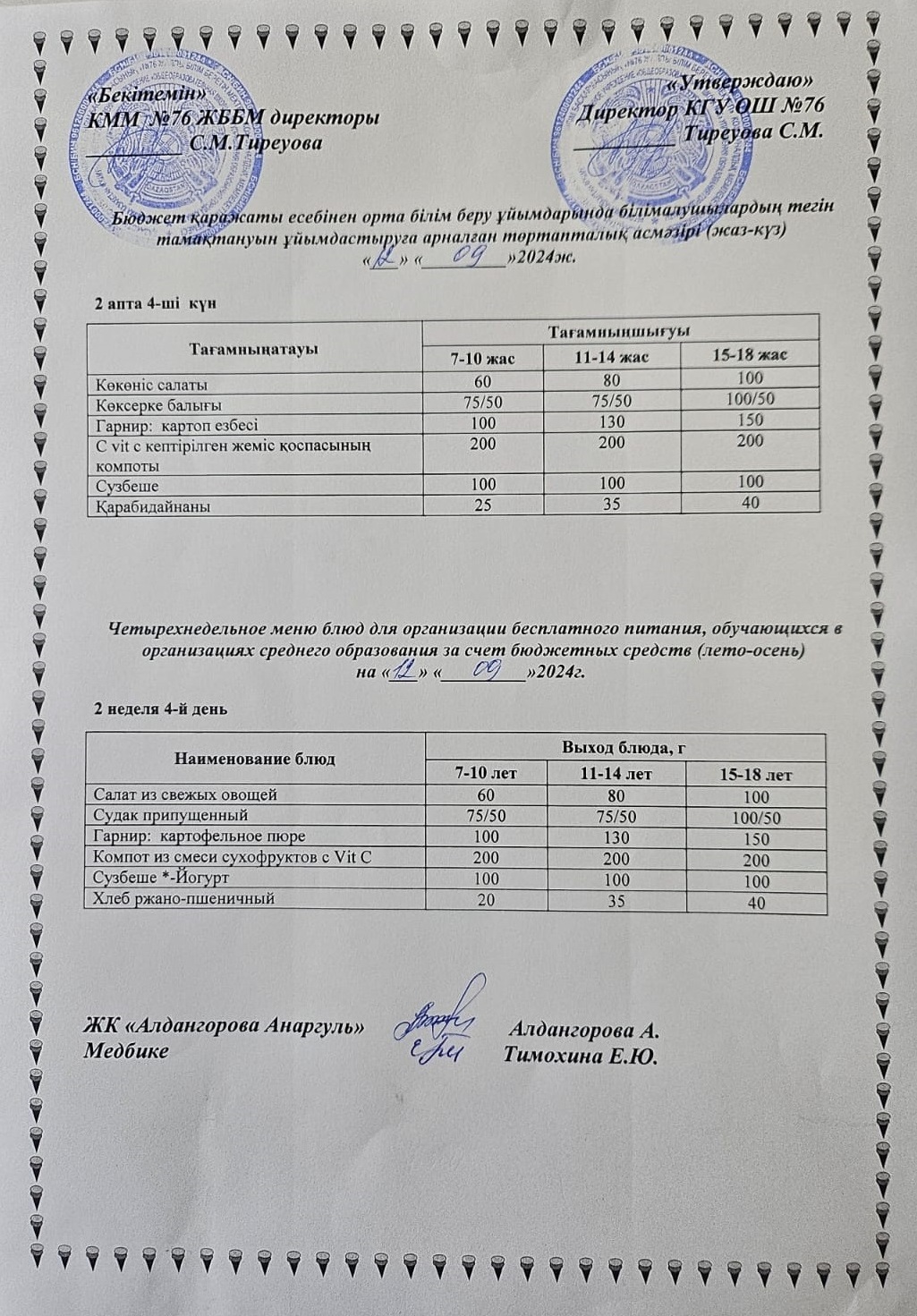 1-4 сынып, 5-11 сынып ХӘОТ мәзірі. Жаз-күз 2024 жыл. / Меню 1-4 кл, 5-11 кл СУСН. Лето-осень 2024.