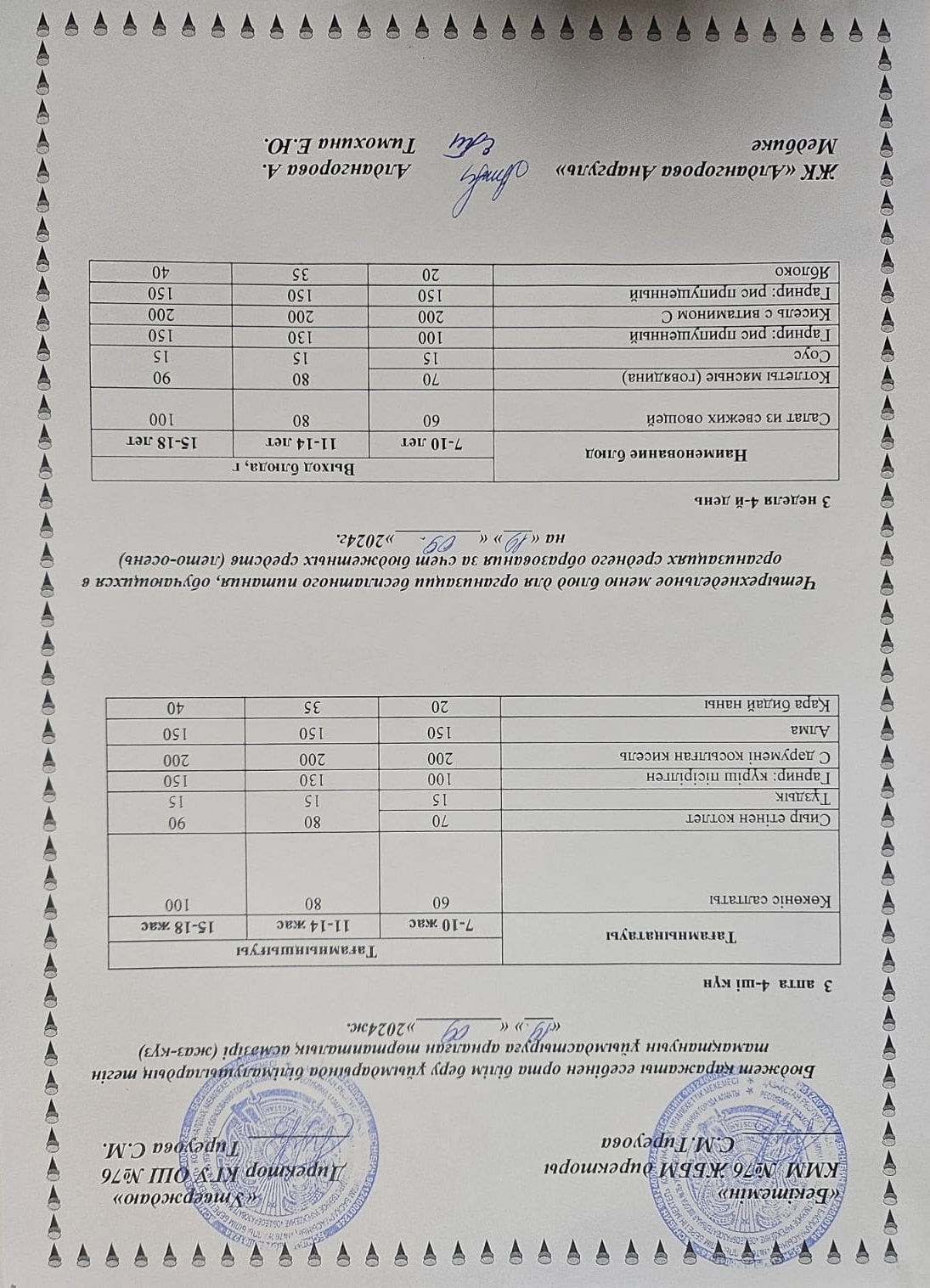 1-4 сынып, 5-11 сынып ХӘОТ мәзірі. Жаз-күз 2024 жыл. / Меню 1-4 кл, 5-11 кл СУСН. Лето-осень 2024.