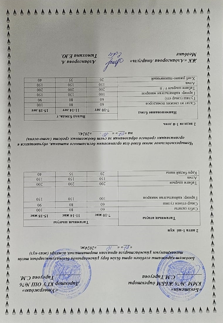 1-4 сынып, 5-11 сынып ХӘОТ мәзірі. Жаз-күз 2024 жыл. / Меню 1-4 кл, 5-11 кл СУСН. Лето-осень 2024.