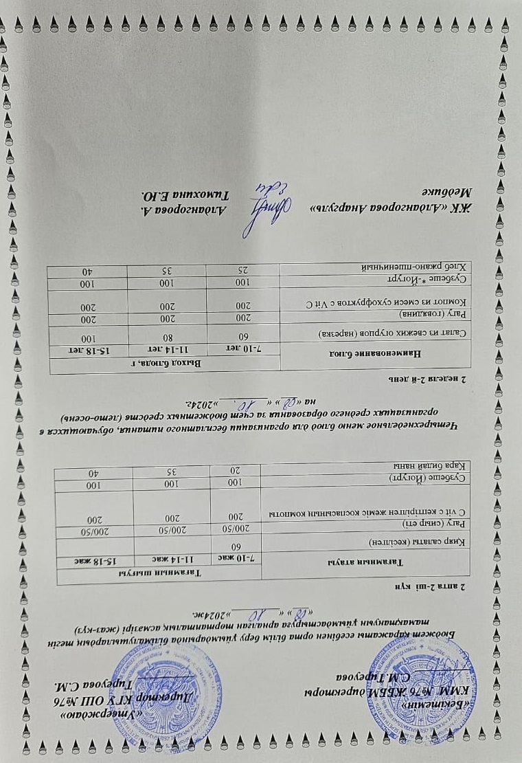 1-4 сынып, 5-11 сынып ХӘОТ мәзірі. Жаз-күз 2024 жыл. / Меню 1-4 кл, 5-11 кл СУСН. Лето-осень 2024.