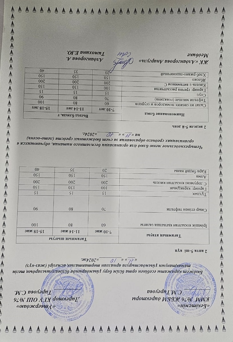 1-4 сынып, 5-11 сынып ХӘОТ мәзірі. Жаз-күз 2024 жыл. / Меню 1-4 кл, 5-11 кл СУСН. Лето-осень 2024.