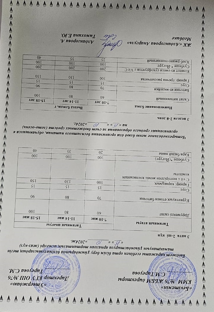 1-4 сынып, 5-11 сынып ХӘОТ мәзірі. Жаз-күз 2024 жыл. / Меню 1-4 кл, 5-11 кл СУСН. Лето-осень 2024.