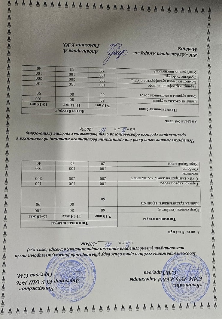 1-4 сынып, 5-11 сынып ХӘОТ мәзірі. Жаз-күз 2024 жыл. / Меню 1-4 кл, 5-11 кл СУСН. Лето-осень 2024.