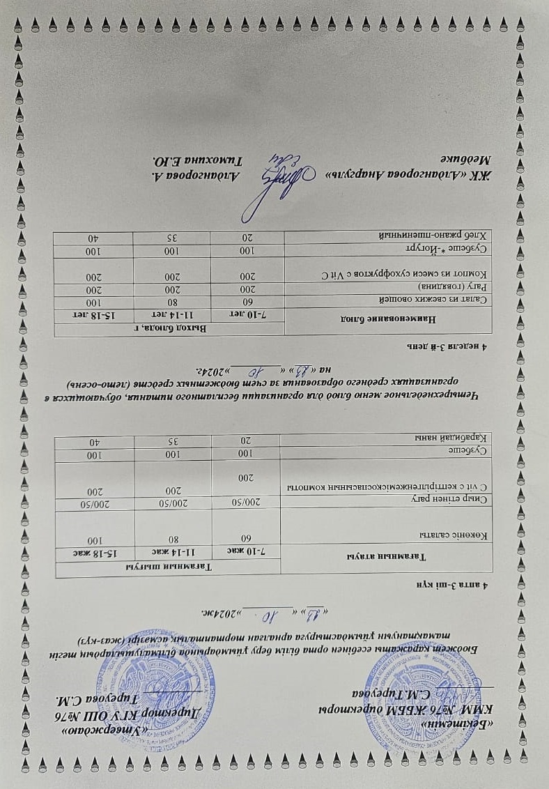 1-4 сынып, 5-11 сынып ХӘОТ мәзірі. Жаз-күз 2024 жыл. / Меню 1-4 кл, 5-11 кл СУСН. Лето-осень 2024.