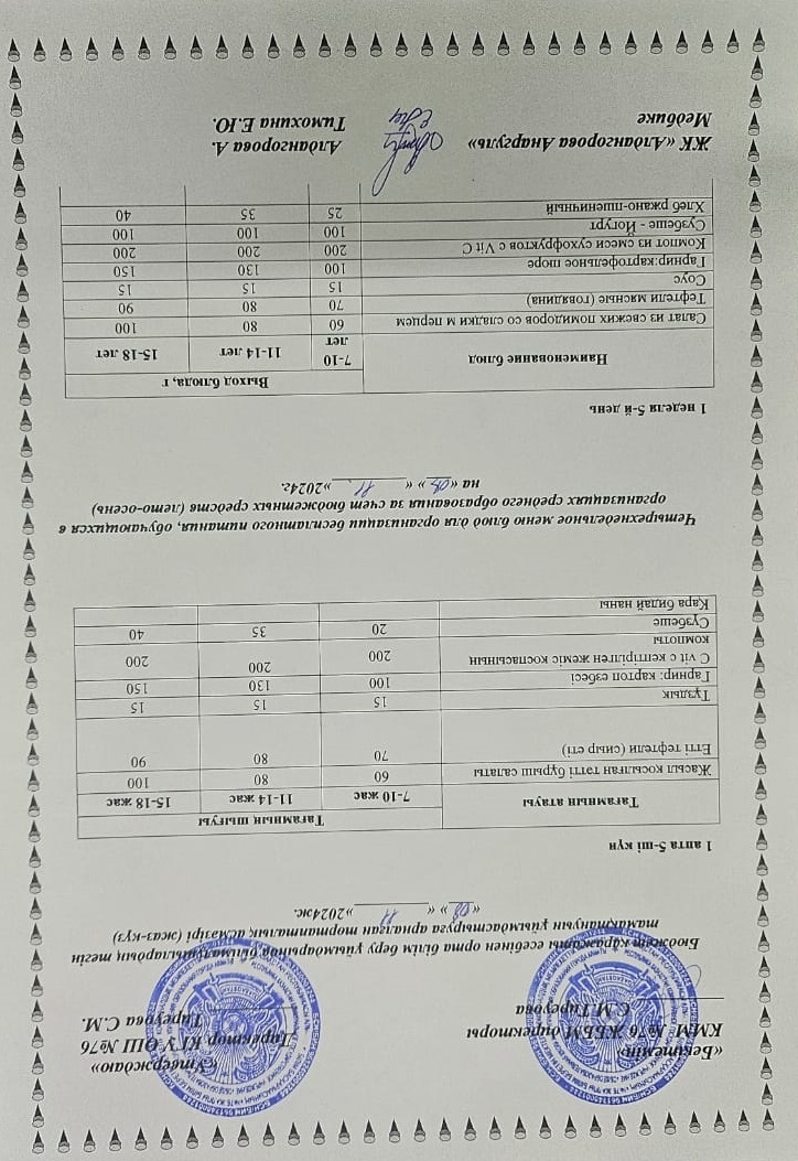 1-4 сынып, 5-11 сынып ХӘОТ мәзірі. Жаз-күз 2024 жыл. / Меню 1-4 кл, 5-11 кл СУСН. Лето-осень 2024.