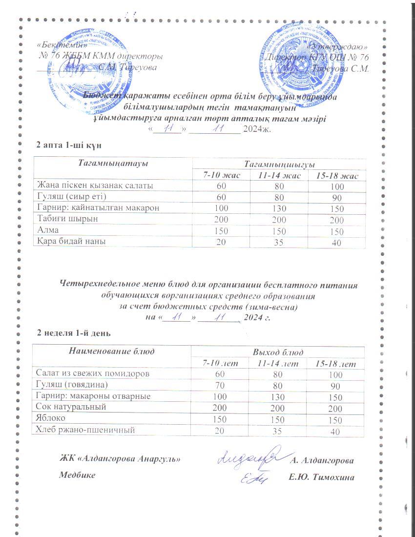 1-4 сынып, 5-11 сынып ХӘОТ мәзірі. Жаз-күз 2024 жыл. / Меню 1-4 кл, 5-11 кл СУСН. Лето-осень 2024.