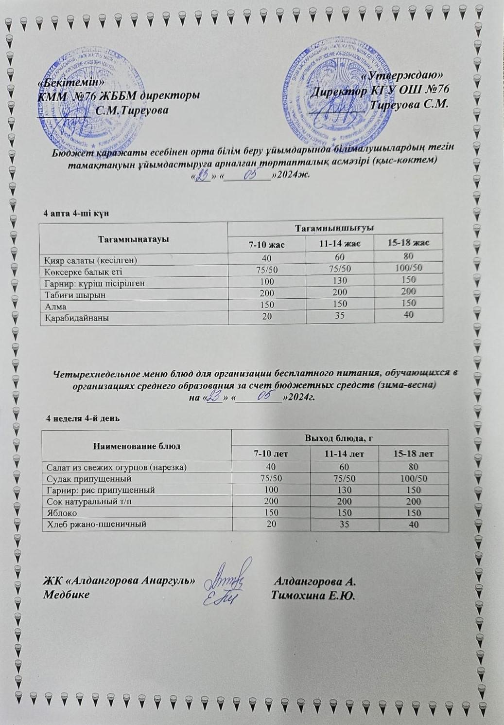 1-4 сынып, 5-11 сынып ХӘОТ мәзірі. Қыс-Көктем 2024 жыл. / Меню 1-4 кл, 5-11 кл СУСН. Зима- весна 2024