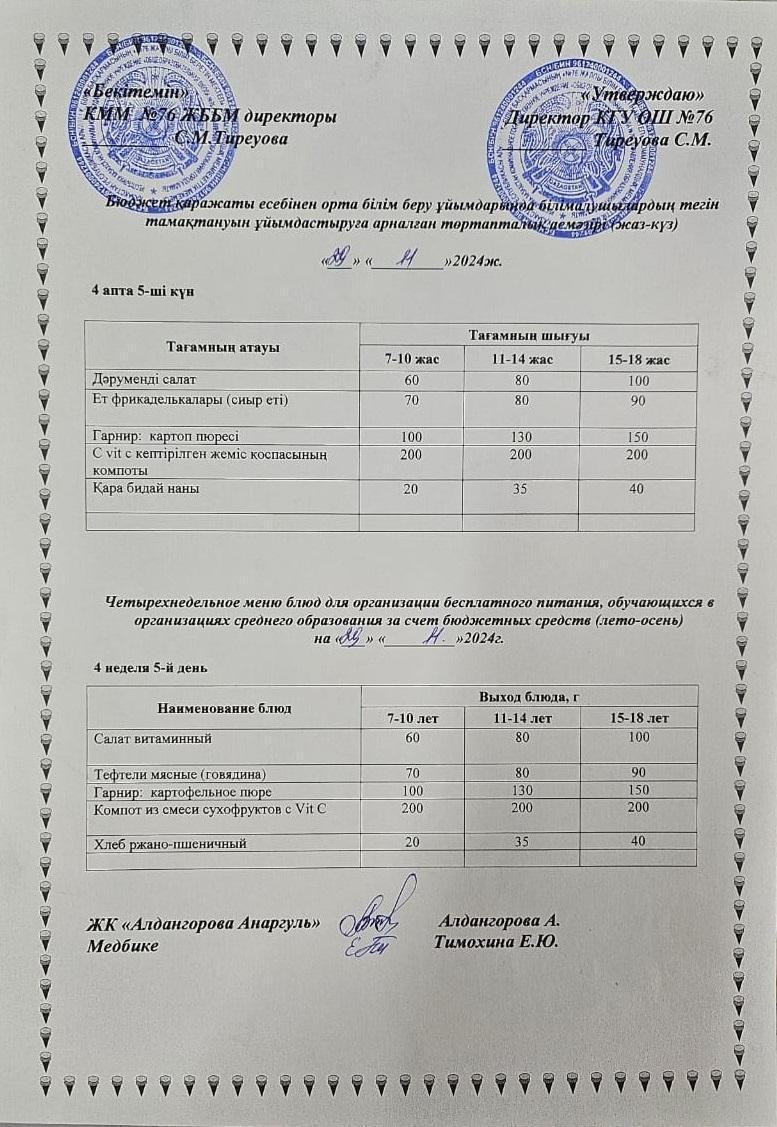 1-4 сынып, 5-11 сынып ХӘОТ мәзірі. Жаз-күз 2024 жыл. / Меню 1-4 кл, 5-11 кл СУСН. Лето-осень 2024.