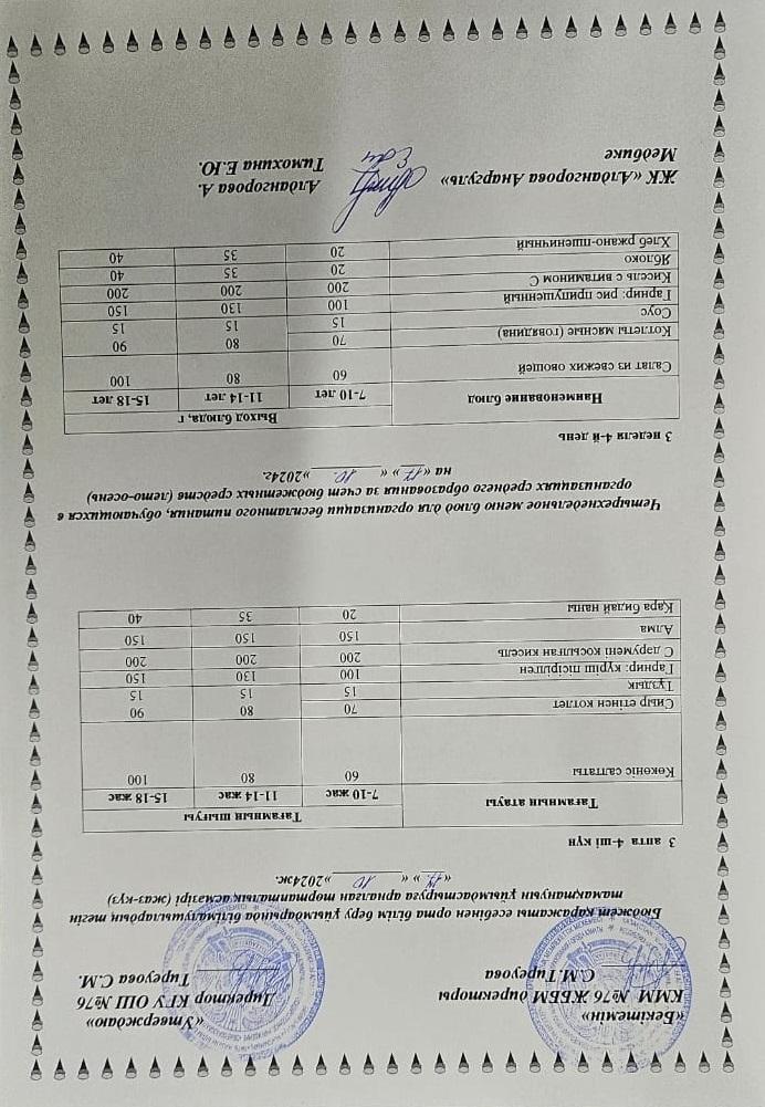 1-4 сынып, 5-11 сынып ХӘОТ мәзірі. Жаз-күз 2024 жыл. / Меню 1-4 кл, 5-11 кл СУСН. Лето-осень 2024.