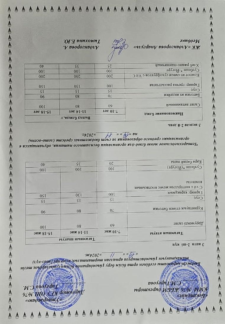 1-4 сынып, 5-11 сынып ХӘОТ мәзірі. Жаз-күз 2024 жыл. / Меню 1-4 кл, 5-11 кл СУСН. Лето-осень 2024.