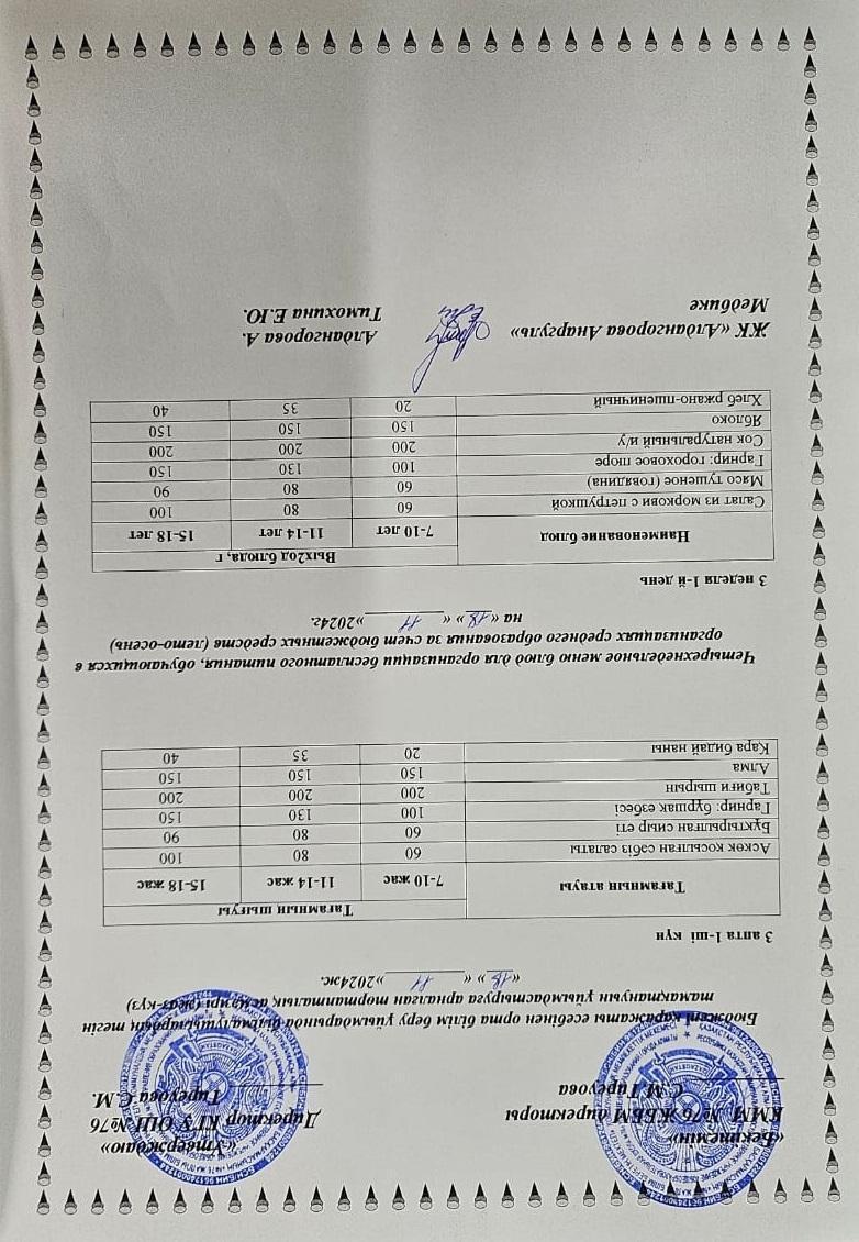 1-4 сынып, 5-11 сынып ХӘОТ мәзірі. Жаз-күз 2024 жыл. / Меню 1-4 кл, 5-11 кл СУСН. Лето-осень 2024.
