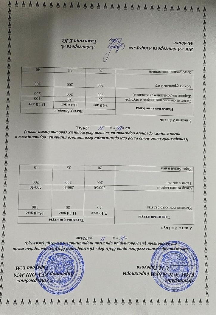 1-4 сынып, 5-11 сынып ХӘОТ мәзірі. Жаз-күз 2024 жыл. / Меню 1-4 кл, 5-11 кл СУСН. Лето-осень 2024.