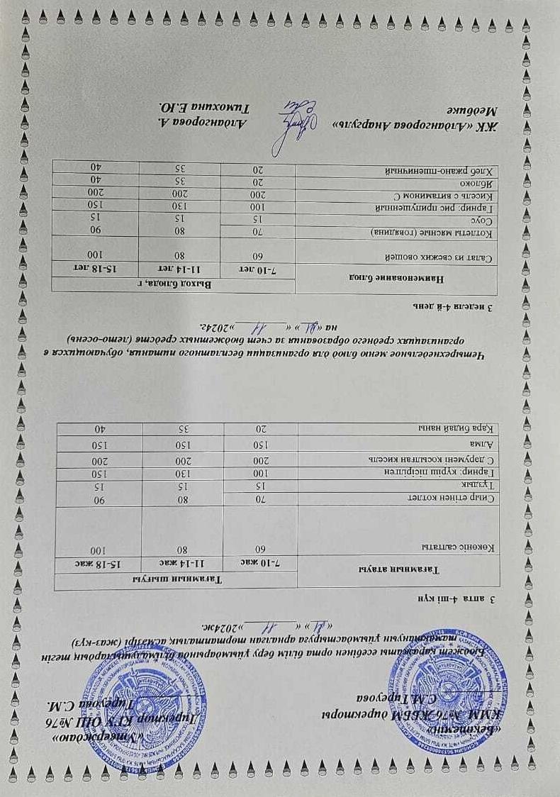 1-4 сынып, 5-11 сынып ХӘОТ мәзірі. Жаз-күз 2024 жыл. / Меню 1-4 кл, 5-11 кл СУСН. Лето-осень 2024.
