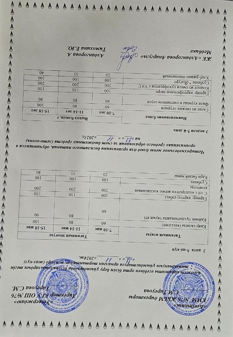 1-4 сынып, 5-11 сынып ХӘОТ мәзірі. Жаз-күз 2024 жыл. / Меню 1-4 кл, 5-11 кл СУСН. Лето-осень 2024.
