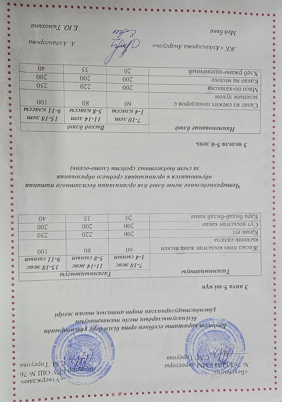 1-4 сынып, 5-11 сынып ХӘОТ мәзірі. Жаз-күз 2025 жыл. / Меню 1-4 кл, 5-11 кл СУСН. Лето-осень 2025.