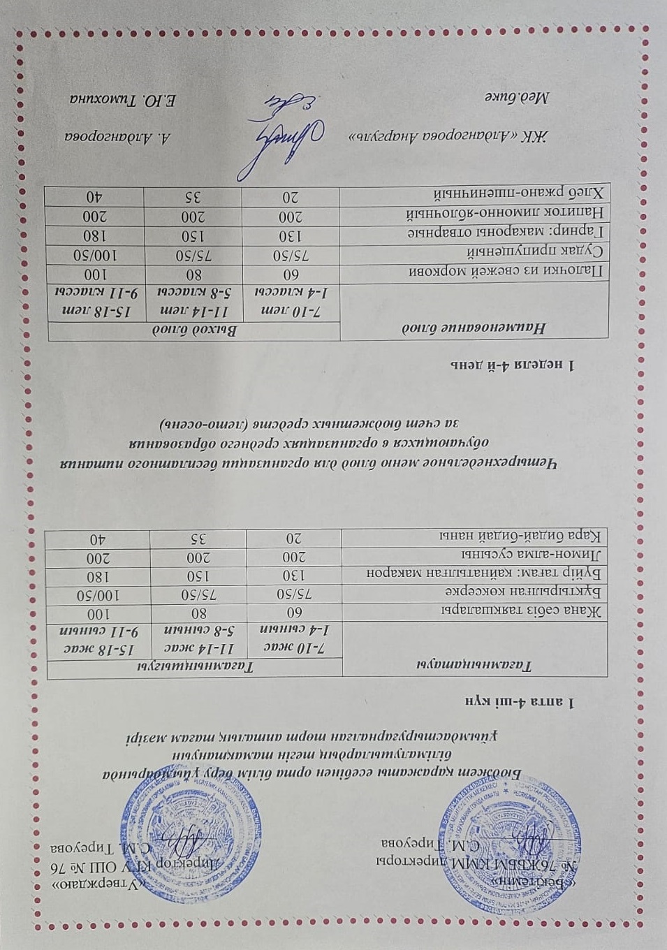 1-4 сынып, 5-11 сынып ХӘОТ мәзірі. Жаз-күз 2025 жыл. / Меню 1-4 кл, 5-11 кл СУСН. Лето-осень 2025.