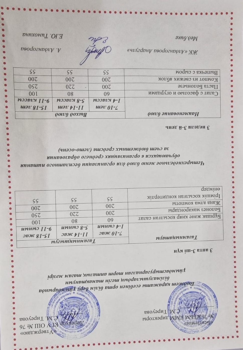 1-4 сынып, 5-11 сынып ХӘОТ мәзірі. Жаз-күз 2025 жыл. / Меню 1-4 кл, 5-11 кл СУСН. Лето-осень 2025.