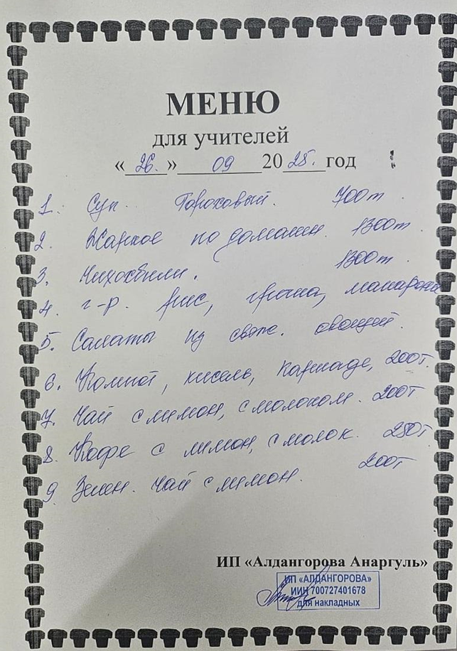 Ақылы ыстық тамақ мәзірі / Меню платного горячего питания