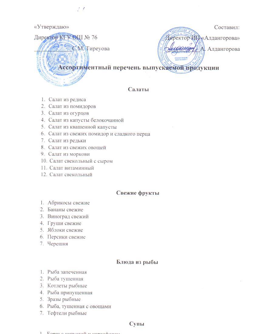 Өнімнің ассортименттік тізімі / Ассортиментный перечень продукции