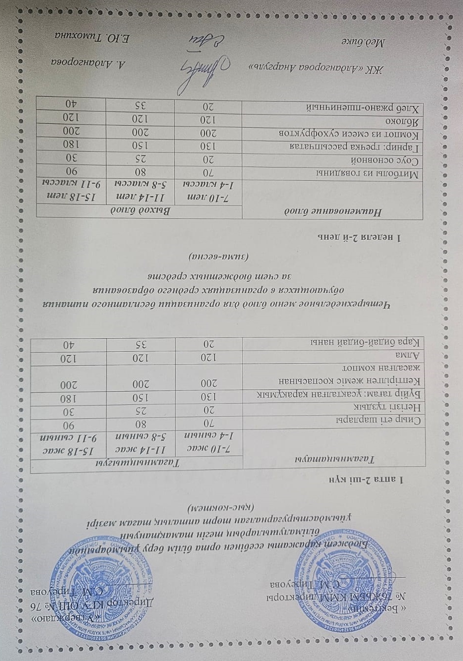 1-4 сынып, 5-11 сынып ХӘОТ мәзірі. Қыс-көктем 2026 жыл. / Меню 1-4 кл, 5-11 кл СУСН. Зима-весна 2026.
