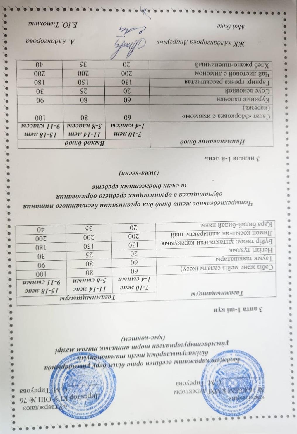 1-4 сынып, 5-11-4 сынып ХӘОТ мәзірі. Қыс-көктем 2026 жыл. / Меню 1-4 кл, 5-11 кл СУСН. Зима-весна 2026.