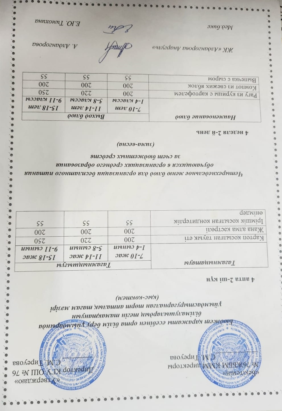 1-4 сынып, 5-11-4 сынып ХӘОТ мәзірі. Қыс-көктем 2026 жыл. / Меню 1-4 кл, 5-11 кл СУСН. Зима-весна 2026.