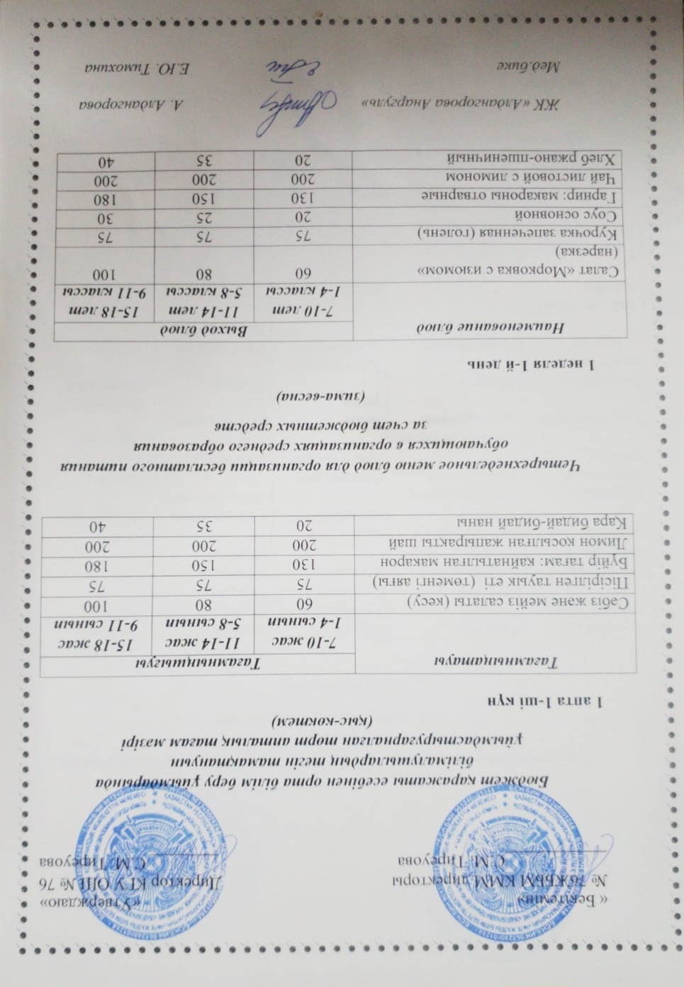 1-4 сынып, 5-11-4 сынып ХӘОТ мәзірі. Қыс-көктем 2026 жыл. / Меню 1-4 кл, 5-11 кл СУСН. Зима-весна 2026.