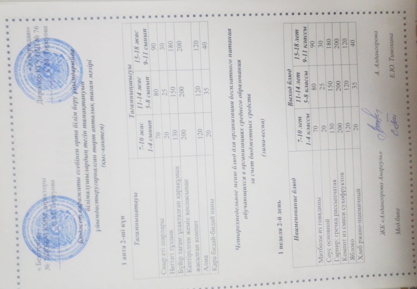 1-4 сынып, 5-11-4 сынып ХӘОТ мәзірі. Қыс-көктем 2026 жыл. / Меню 1-4 кл, 5-11 кл СУСН. Зима-весна 2026.