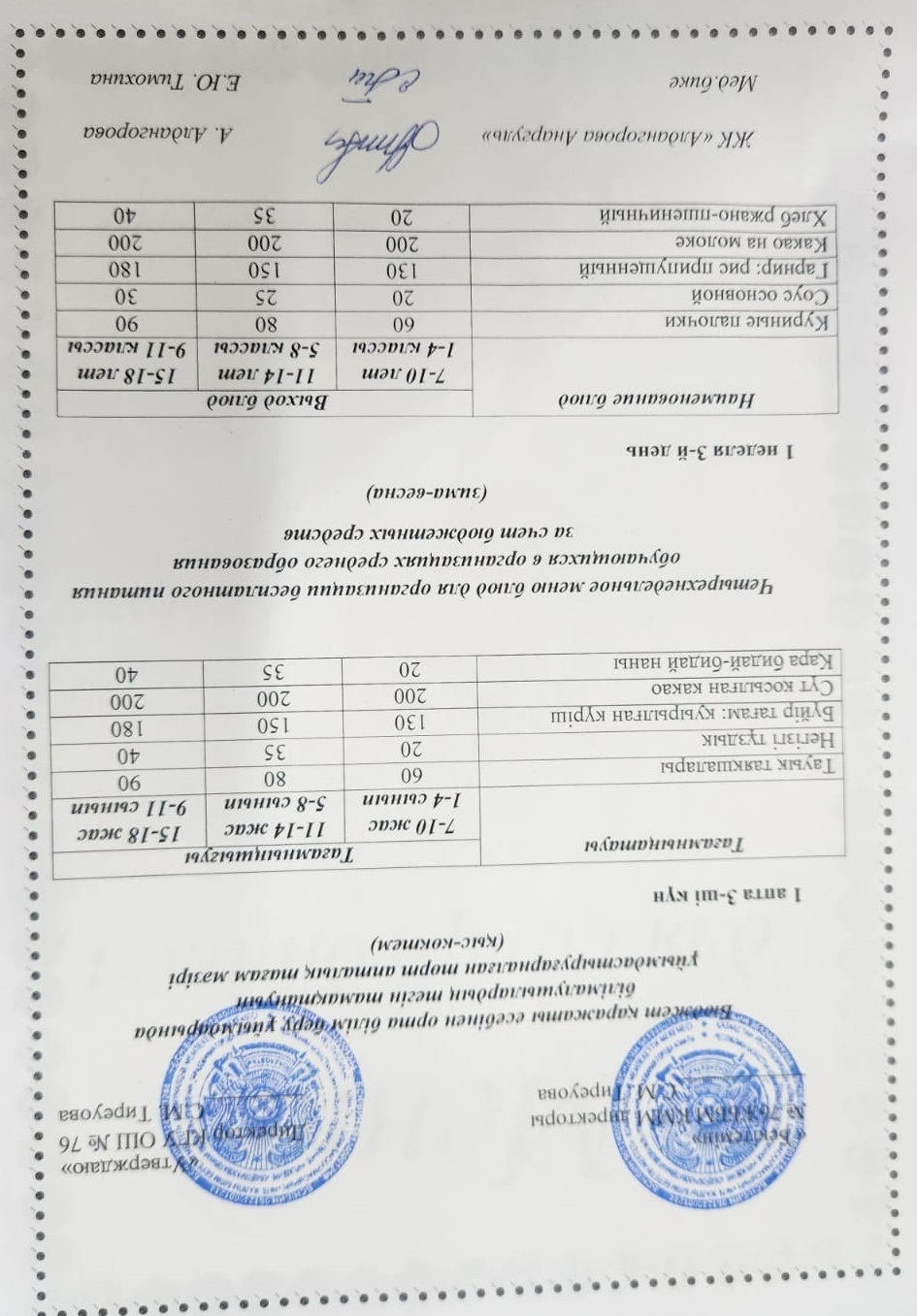 1-4 сынып, 5-11-4 сынып ХӘОТ мәзірі. Қыс-көктем 2026 жыл. / Меню 1-4 кл, 5-11 кл СУСН. Зима-весна 2026.