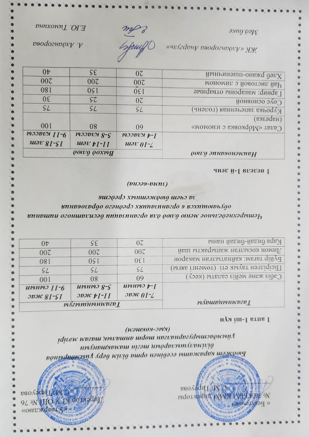 1-4 сынып, 5-11-4 сынып ХӘОТ мәзірі. Қыс-көктем 2026 жыл. / Меню 1-4 кл, 5-11 кл СУСН. Зима-весна 2026.