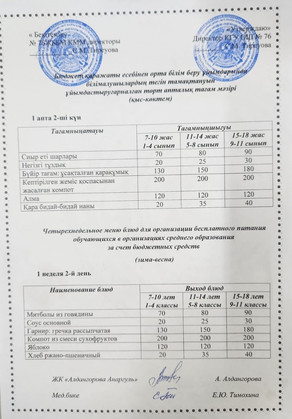 1-4 сынып, 5-11-4 сынып ХӘОТ мәзірі. Қыс-көктем 2026 жыл. / Меню 1-4 кл, 5-11 кл СУСН. Зима-весна 2026.