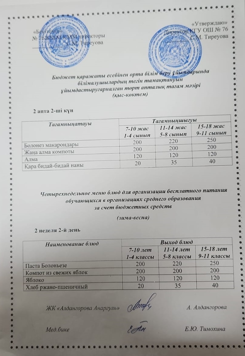 1-4 сынып, 5-11-4 сынып ХӘОТ мәзірі. Қыс-көктем 2026 жыл. / Меню 1-4 кл, 5-11 кл СУСН. Зима-весна 2026.
