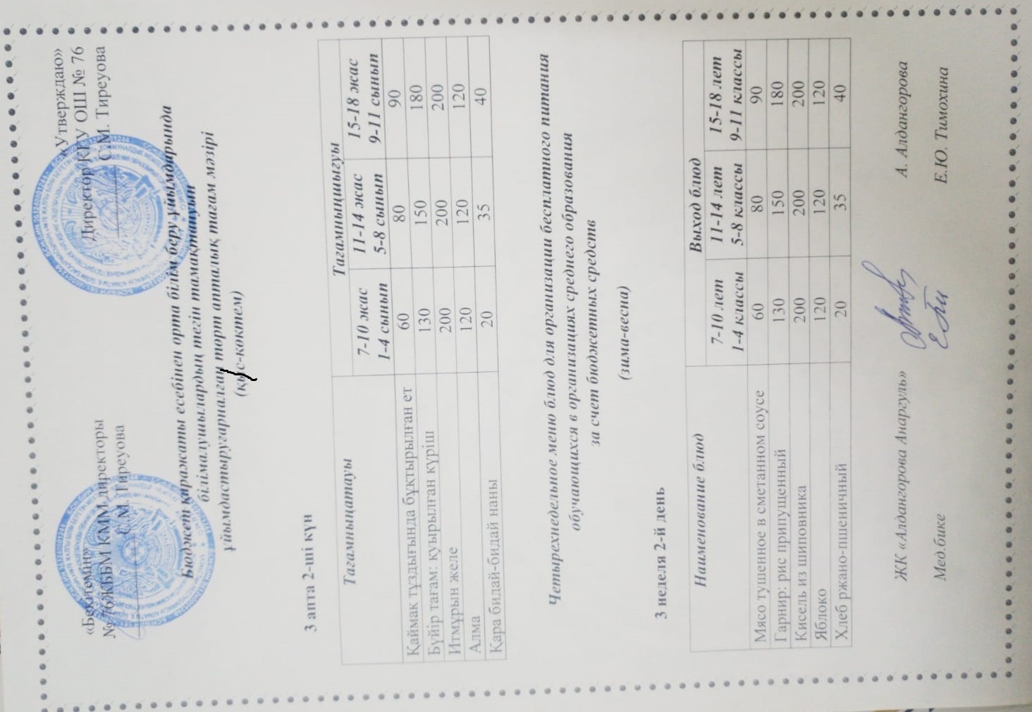 1-4 сынып, 5-11-4 сынып ХӘОТ мәзірі. Қыс-көктем 2026 жыл. / Меню 1-4 кл, 5-11 кл СУСН. Зима-весна 2026.